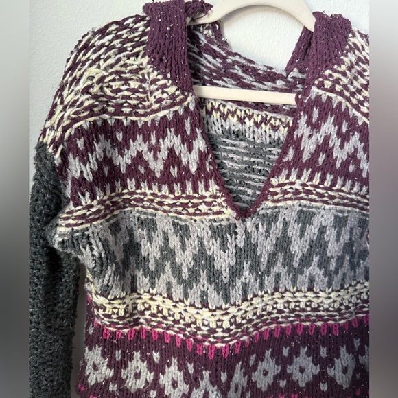 Free People Fair Isle Knitted V-Neck Pull Over Hoodie - Picture 3 of 16